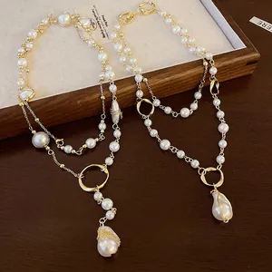 Vintage Irregular Artificial Pearl Pendant Necklace Gold Plated Alloy Baroque Style Long Sweater Chain For Women Jewelry