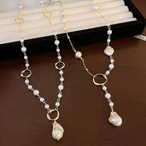 Elegant irregular faux pearl pendant necklace, vintage long sweater chain jewelry for women