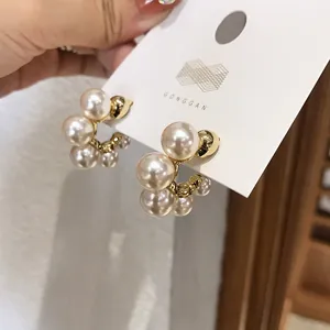 Korean Minimalist Alloy Artificial Pearl C-Shape Hoop Earrings With 925 Sterling Silver Earring Post Elegant Women Jewelry