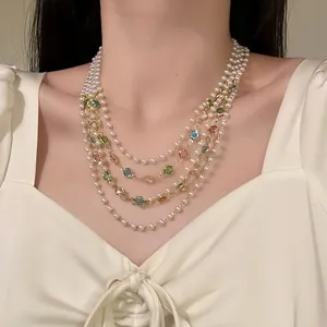 French Retro Multi Layer Artificial Pearl Beaded Necklace For Women Elegant Multicolor Rhinestone Clavicle Chain Jewelry Accessory