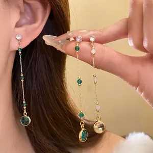 Vintage Rund Glas Quaste Ohrhänger Für Damen Vergoldet Geometrisch Strass Silber Ohrringpfosten Leichter Luxus Schmuck