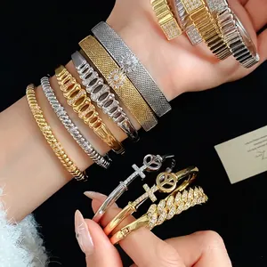 18k Gold Plated Zirconia Geometric Cuff Bangle Bracelet For Women Western Luxury Style Elegant Inlaid Hand Jewelry Gift