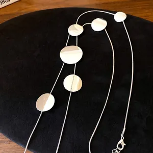 Elegant silver round disc fringe necklace long sweater chain for women minimalist style