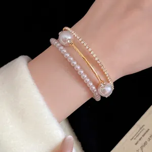 Women Retro Court Style Triple Layer Open Bracelet Luxury Gold Plated Copper Artificial Pearl Rhinestone Inlaid Adjustable Bangle Jewelry