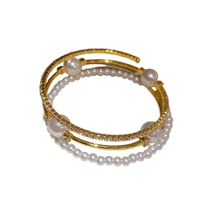 Vintage court style three-layer open cuff bracelet with pearls and rhinestones
