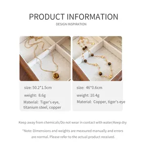 Especificaciones del collar ojo de tigre con material, peso y dimensiones en inglés.