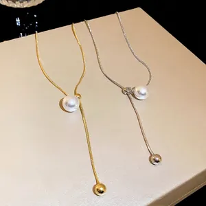 Minimalist Adjustable Copper Snake Chain Pearl Tassel Necklace For Women Gold Silver Plated Elegant Daily Clavicle Jewelry