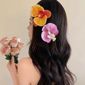 Barrettes à cheveux fleurs d'orchidées Phalaenopsis avec perles blanches pour coiffure femme