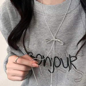 Korean Minimalist Bowknot Tassel Adjustable Pendant Necklace Copper Electroplated Snake Chain For Women Everyday Jewelry Gift