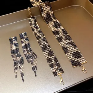 Vintage Leopard Print Rhinestone Jewelry Set For Women High End Wide Rectangle Leopard Choker Necklace Bracelet Tassel Earrings