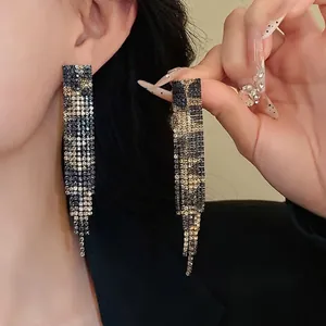 Elegant long rectangular leopard print rhinestone tassel earrings for women