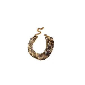 Vintage leopard print wide choker necklace with sparkling rhinestones for women.