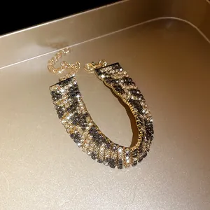 Elegant vintage leopard print rhinestone wide choker necklace with golden finish detail