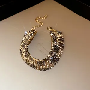 Luxurious leopard print rhinestone wide choker necklace with adjustable gold chain
