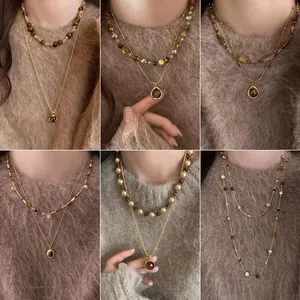 Vintage Double Layer Tiger Eye Necklace For Women Gold Plated Alloy Beaded Artificial Pearl Shell Pendant Jewelry