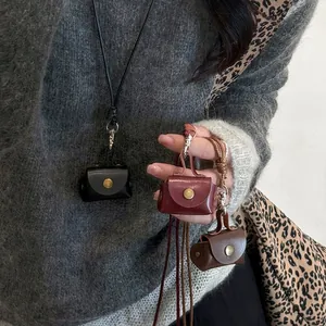Mini Leather Pouch Pendant Necklace Women Vintage Handmade Earphone Holder Long Sweater Chain Accessory Jewelry Gift