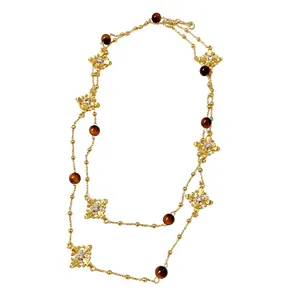 Vintage gold sweater chain necklace with rhinestone cross charms and tiger eye beads