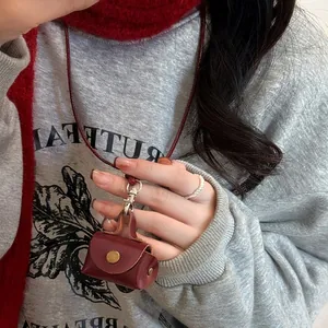 Handmade mini red leather coin purse necklace pendant and earphone case for women