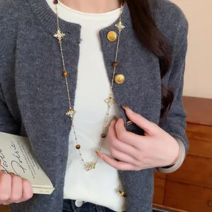 Vintage rhinestone cross long sweater necklace for women with elegant brown beads