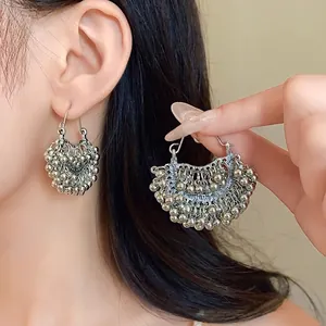 Ethnic Vintage Silver Alloy Round Bead Tassel Jhumka Earrings For Women Geometric Style Bohemian Commute Jewelry Accessories