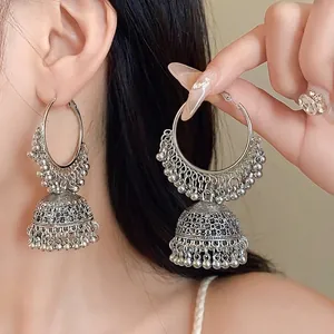 Ethnic silver jhumka style hoop earrings with beaded tassels and geometric design