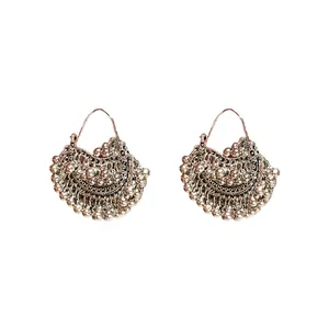 Vintage ethnic style silver-toned beaded tassel hoop earrings for women