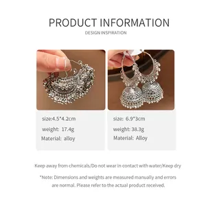 Detailed specifications for ethnic silver alloy earrings showing exact dimensions and weight.