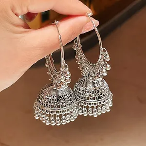 Detailed view of silver ethnic Jhumka earrings featuring intricate beaded tassels and hoops