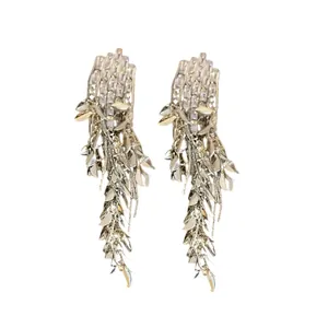 Exaggerated silver wheat leaf tassel earrings with clear zircon stones for women