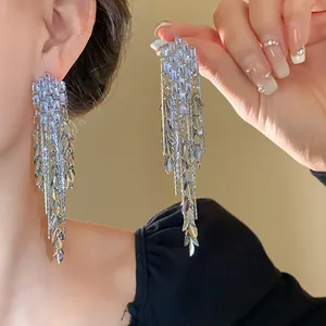 Detailed view of luxury zircon wheat ear tassel earrings with shimmering silver finish.