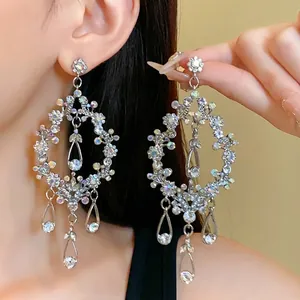 Women Luxury Rhinestone Water Drop Tassel Earrings With 925 Sterling Silver Earring Post Hollow Out Long Dangle Earrings For Wedding Party Dress