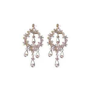 Exaggerated rhinestone hollow waterdrop tassel earrings with silver needles for evening dress.