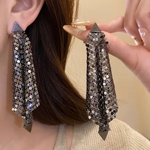 Vintage Triangle Sequin Tassel Earrings With Silver Earring Post Elegant Geometric Dangle Earrings For Women Fashion Jewelry