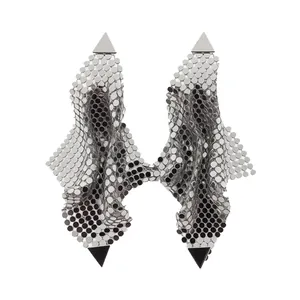 Elegant silver triangle sequin tassel earrings featuring a retro metallic mesh design.