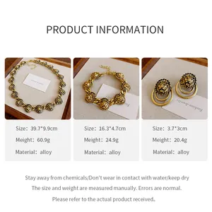 Scheda tecnica per set di gioielli vintage con collana, bracciale e orecchini leone.