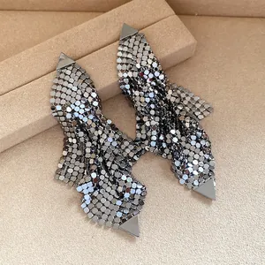 Vintage gunmetal triangle stud earrings with cascading metallic sequin mesh fringe