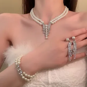 French Palace Style Double Layer Artificial Pearl Rhinestone Tassel Necklace Earrings Bracelet For Women Wedding Party Jewelry