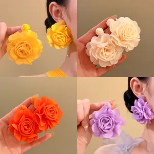 Sweet Chiffon Flower Stud Earrings For Women Handmade Fabric Rose Floral Earrings For Wedding Party Elegant Fashion Jewelry