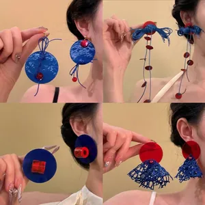 Pendientes Largos de Acrílico Rojo Azul Vacaciones Playa Poste de Plata de Ley 925 Hechos a Mano Borla Boho Pendientes Joyería Mujer