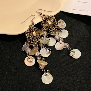 Vintage bohemian floral earrings with long shell tassel drops and clear beads for women