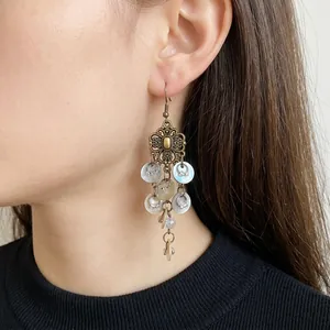 Bohemian ethnic vintage flower tassel drop earrings with circular shell discs for women
