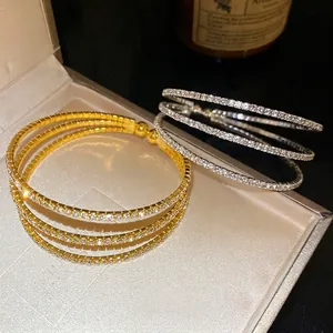 Elegant 3-Layer Copper Rhinestone Open Bangle Bracelet Gold Silver Plated Adjustable Fashion Hand Jewelry For Women Party Gift