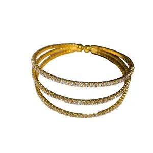 Elegant triple-layer gold-plated open cuff bracelet with sparkling crystal rhinestones