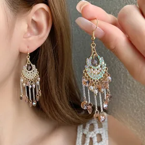 Bohemian Rhinestone Artificial Pearl Glass Tassel Hook Earrings Vintage Ethnic Style Copper Gold Plated Jewelry For Women