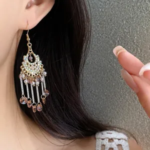 Bohemian chandelier earrings with pearls and glass tassels