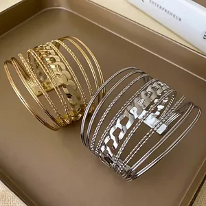 Bracelet Jonc Ouvert Géométrique Simple Style Européen et Américain pour Femme Design Multi-rangs en Cuivre Électroplaqué Bijoux Polyvalents