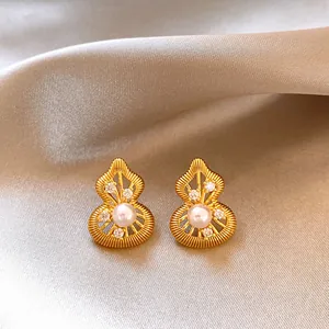 Vintage Neuer Chinesischer Stil Kürbis Geformte Ohrstecker Mit 925 Sterlingsilber Ohrstecker-Stift Gold Vergoldet Hohl Filigran Zirkonia Künstliche Perle Ohrringe Für Damen