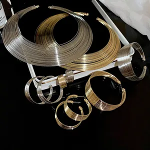 European American Geometric Multi Layer Alloy Jewelry Set With Necklace Bracelet Ring Earrings For Women Shiny Metal Accessory