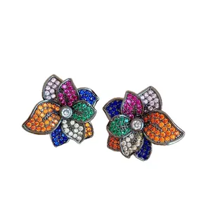 Elegant vintage flower stud earrings with colorful zircon stones in dark silver plating