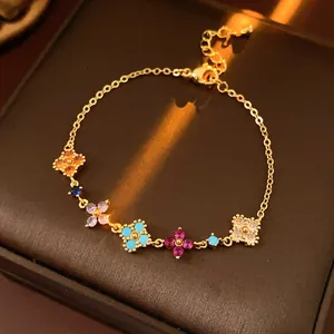 Elegant gold chain bracelet featuring colorful zircon flower charms for women